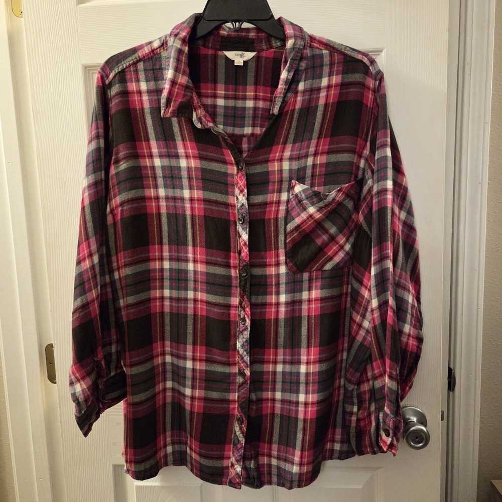 Terra & Sky sz 5X pink‎ plaid button up long slv top 100% viscose casual